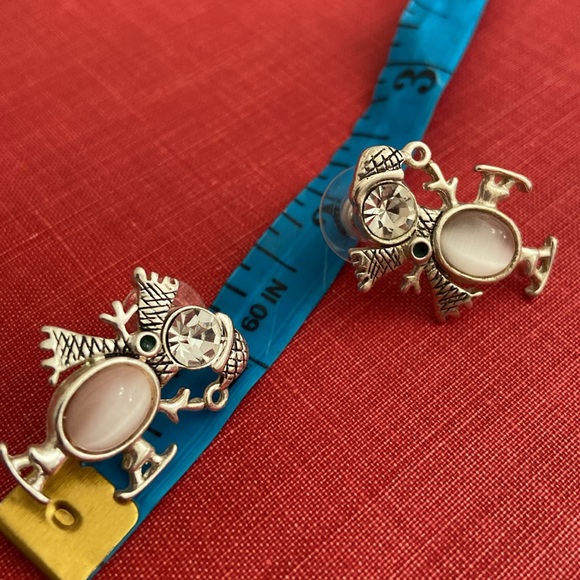 Vintage 90s Rhinestone & CaTs Eye Ice Skating Snowman Post Pierced Earring’s - Picture 5 of 5
